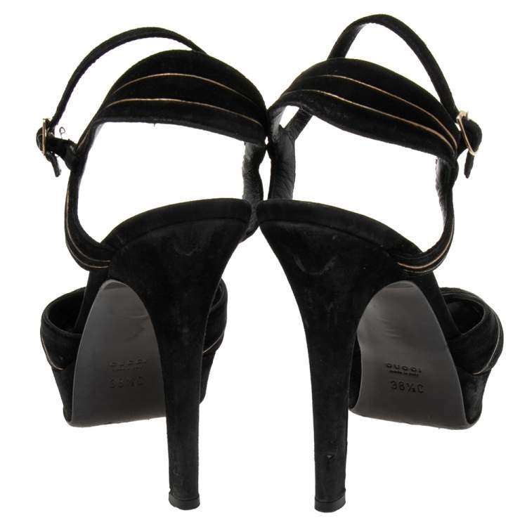 Pre Owned Gucci Black Suede Knot Detail Peep Toe Platform Sandals Size 38.5