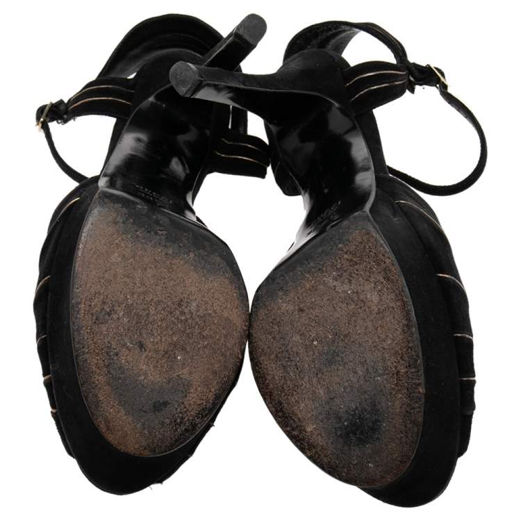 Pre Owned Gucci Black Suede Knot Detail Peep Toe Platform Sandals Size 38.5