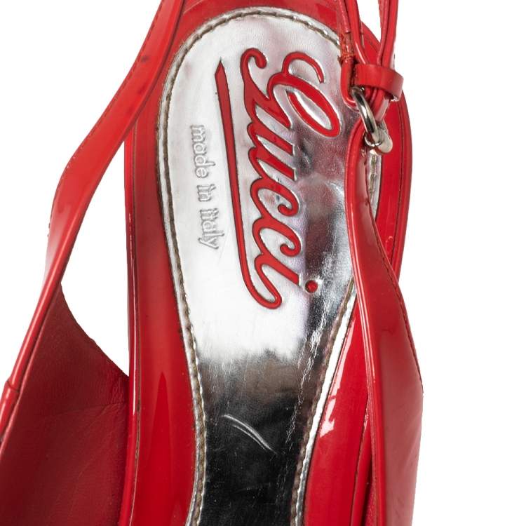 Pre Owned Gucci Coral Red Patent Leather Peep-Toe Slingback Wedge Sandals Size 37.5