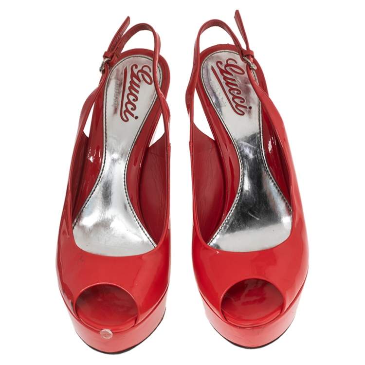 Pre Owned Gucci Coral Red Patent Leather Peep-Toe Slingback Wedge Sandals Size 37.5