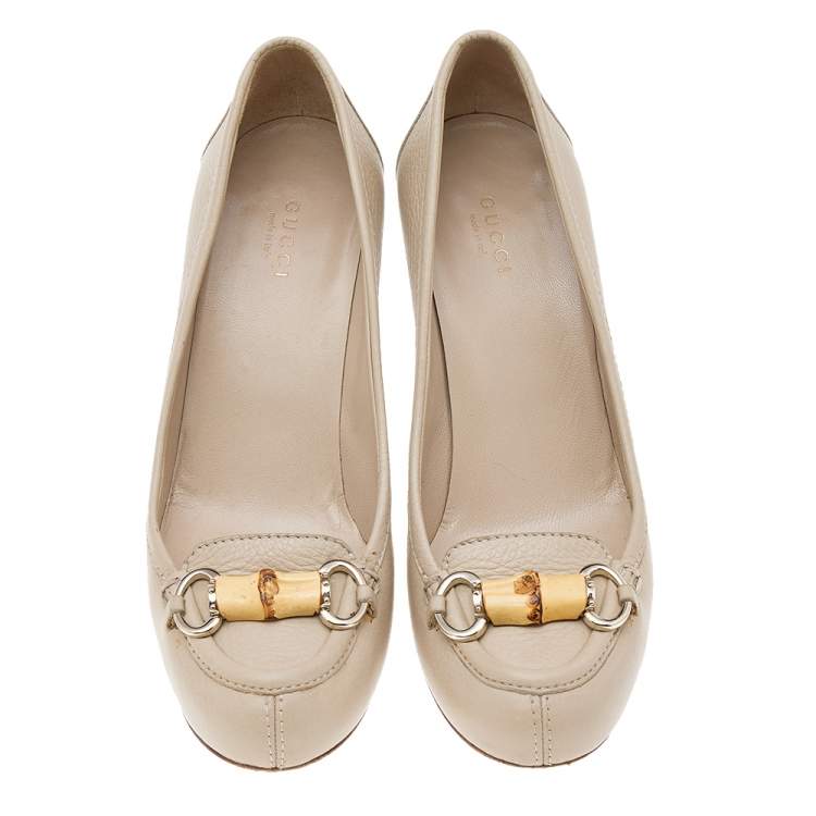 Pre Owned Gucci Grey Leather Bamboo Horsebit Loafer Pumps Size 38.5