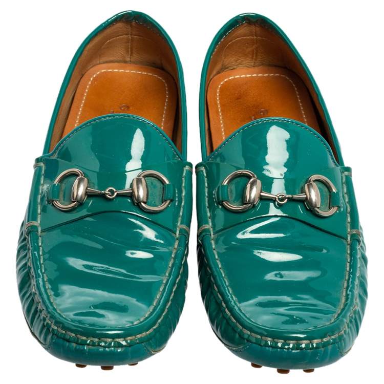 Pre Owned Gucci Teal Green Patent Leather Horsebit Driver Loafers Size 36