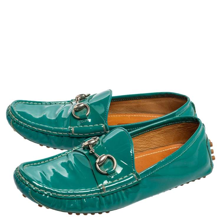 Pre Owned Gucci Teal Green Patent Leather Horsebit Driver Loafers Size 36