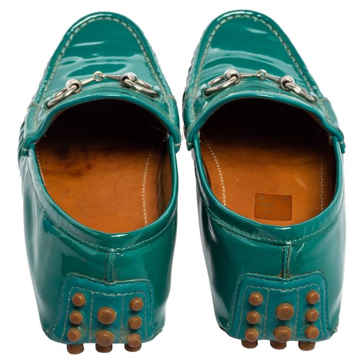 Pre Owned Gucci Teal Green Patent Leather Horsebit Driver Loafers Size 36