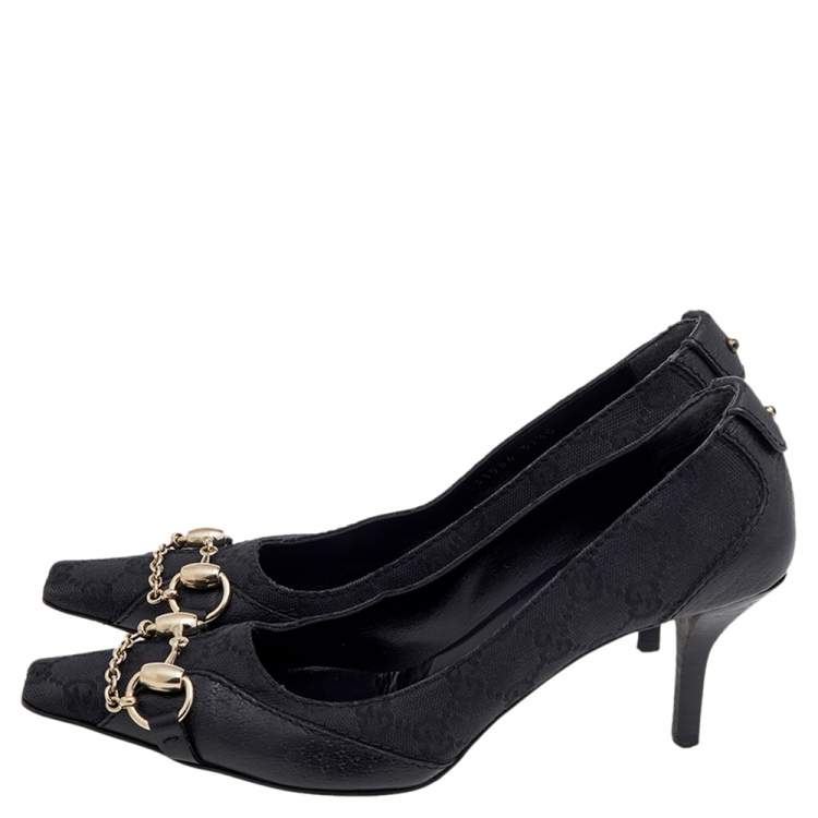 Pre Owned Gucci Black GG Canvas And Leather Horsebit Pumps Size 37.5