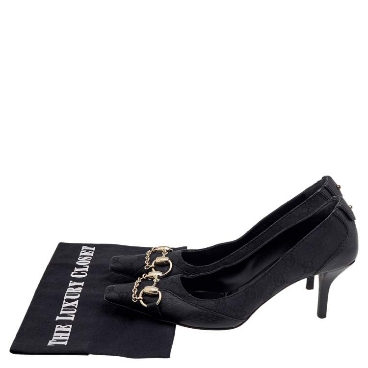 Pre Owned Gucci Black GG Canvas And Leather Horsebit Pumps Size 37.5