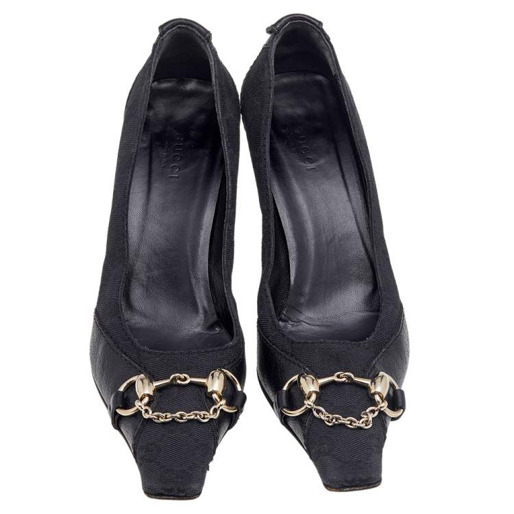 Pre Owned Gucci Black GG Canvas And Leather Horsebit Pumps Size 37.5