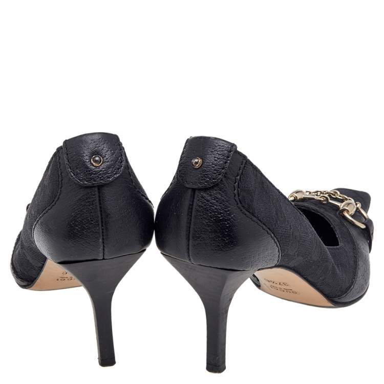 Pre Owned Gucci Black GG Canvas And Leather Horsebit Pumps Size 37.5