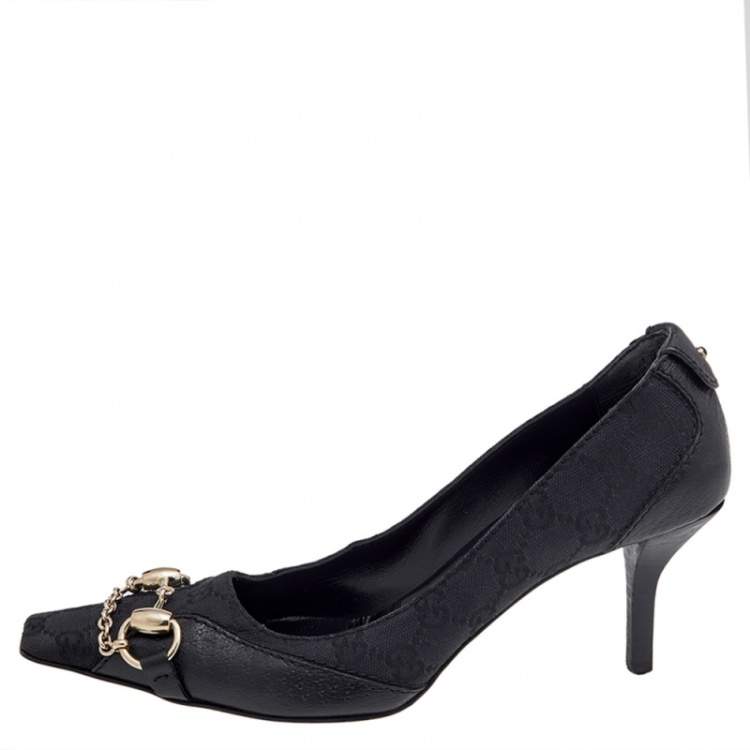 Pre Owned Gucci Black GG Canvas And Leather Horsebit Pumps Size 37.5