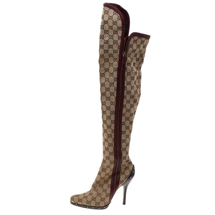 Destructief Ale Boekhouding Gucci Beige/Burgundy GG Canvas And Leather Thigh High Boots Size 38 Gucci |  TLC
