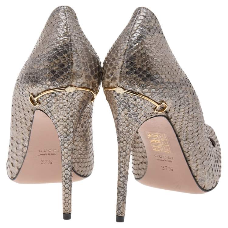 Pre Owned Gucci Metallic Grey Python Horsebit Pointed Toe Pumps Size 37.5