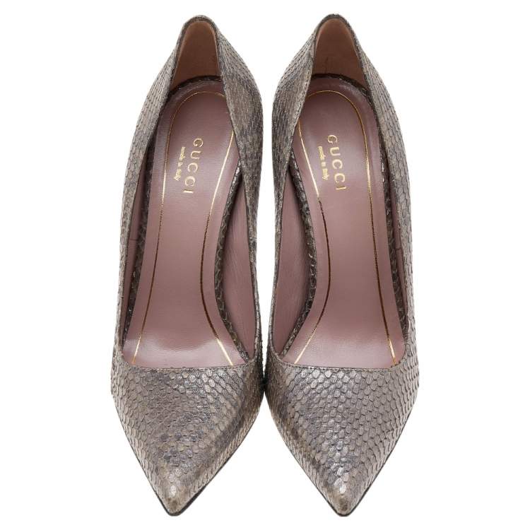 Pre Owned Gucci Metallic Grey Python Horsebit Pointed Toe Pumps Size 37.5