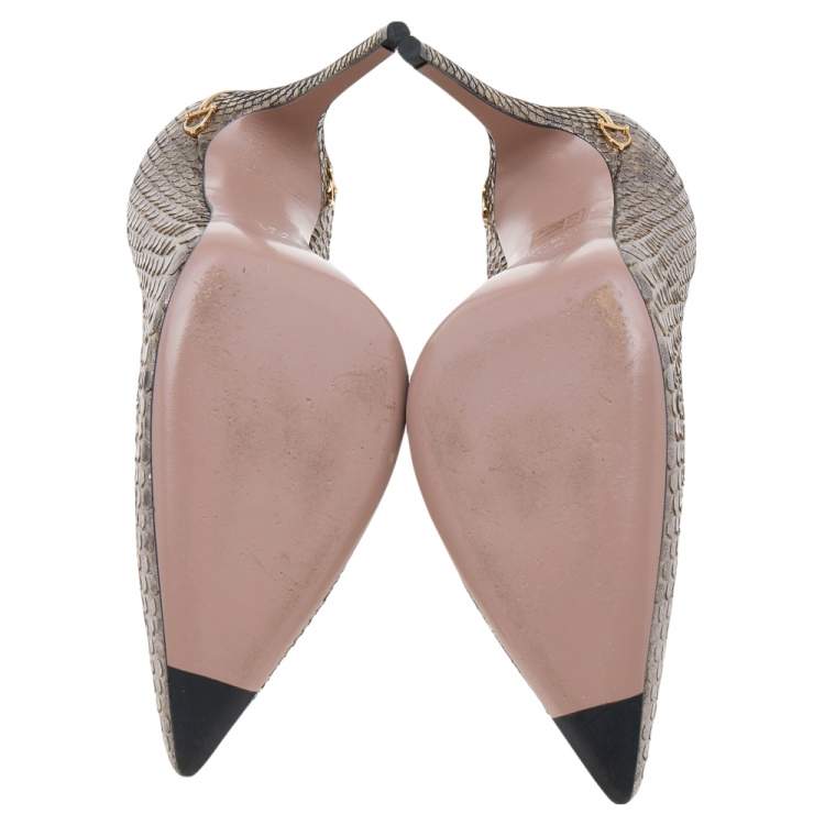 Pre Owned Gucci Metallic Grey Python Horsebit Pointed Toe Pumps Size 37.5
