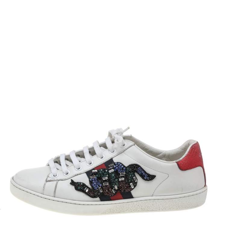 kandidat Drastisk ortodoks Gucci White Leather Ace Snake Embellished Low Top Sneakers Size 37.5 Gucci  | TLC