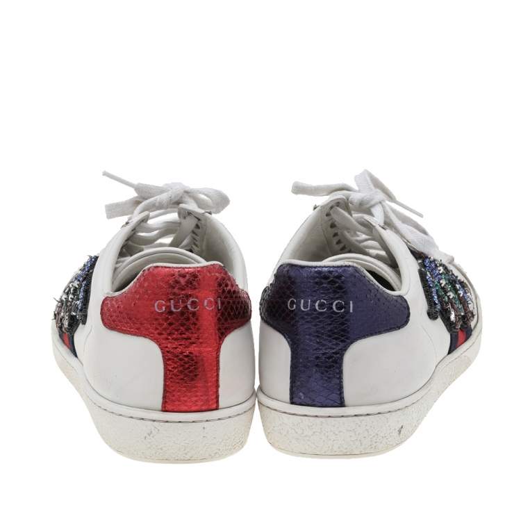 مملوكة مسبقًا Gucci White Leather Ace Snake Embellished Low Top Sneakers Size 37.5
