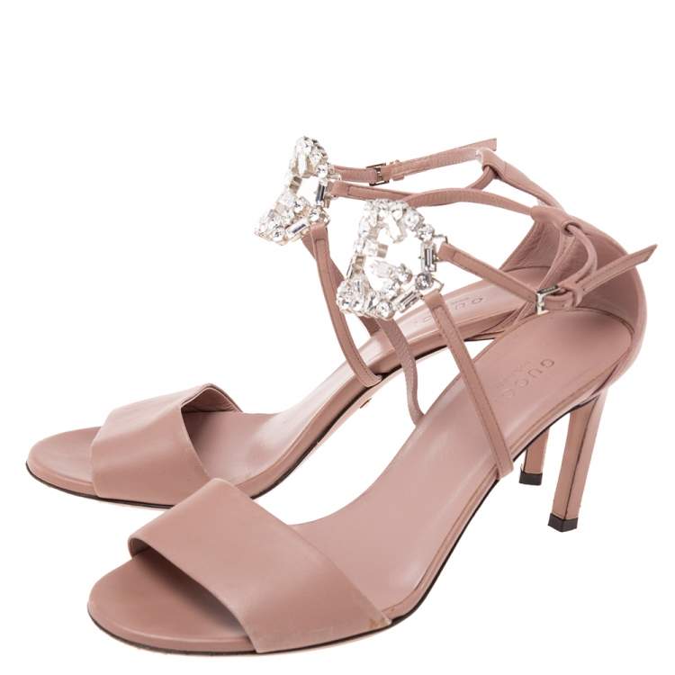 مملوكة مسبقًا Gucci Dusty Pink Leather Crystal Embellished Interlocking G Sandals Size 37.5