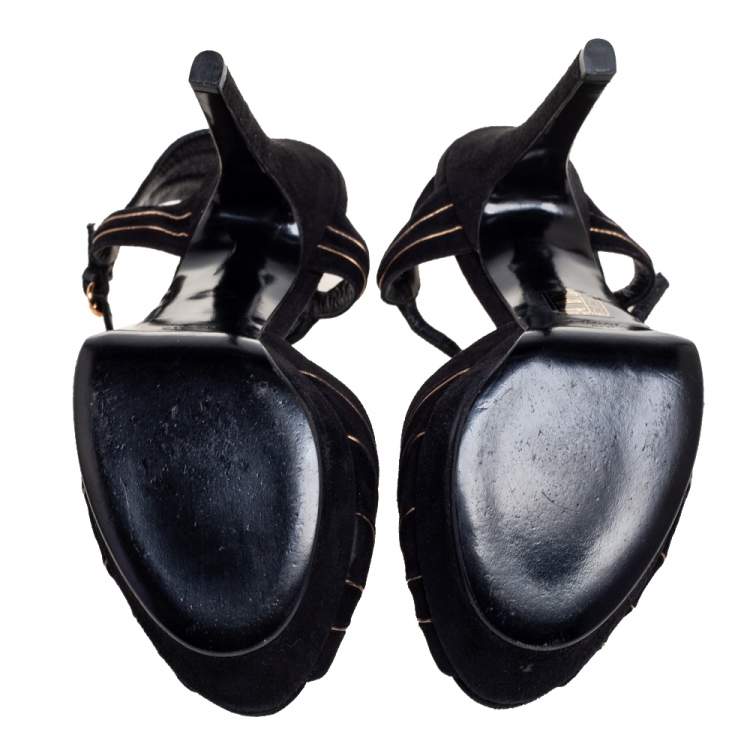 مملوكة مسبقًا Gucci Black/Gold Suede Kelly Knot Ankle-Strap Platform Sandals Size 40