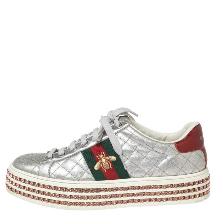 Gucci Silver Quilted Leather Bee Web Ace Crystal Embellished Platform  Sneakers Size  Gucci | TLC