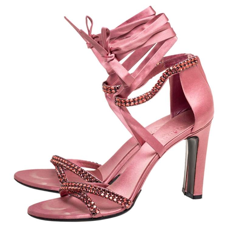 Pre Owned Gucci Pink Satin Crystal Embellished Ankle Wrap Sandals Size 38.5