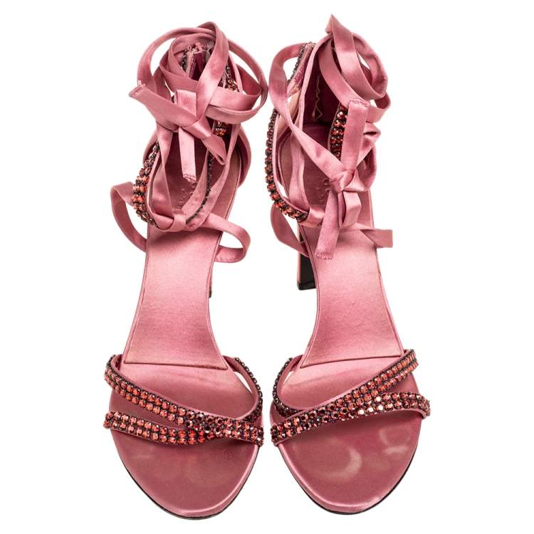 Pre Owned Gucci Pink Satin Crystal Embellished Ankle Wrap Sandals Size 38.5