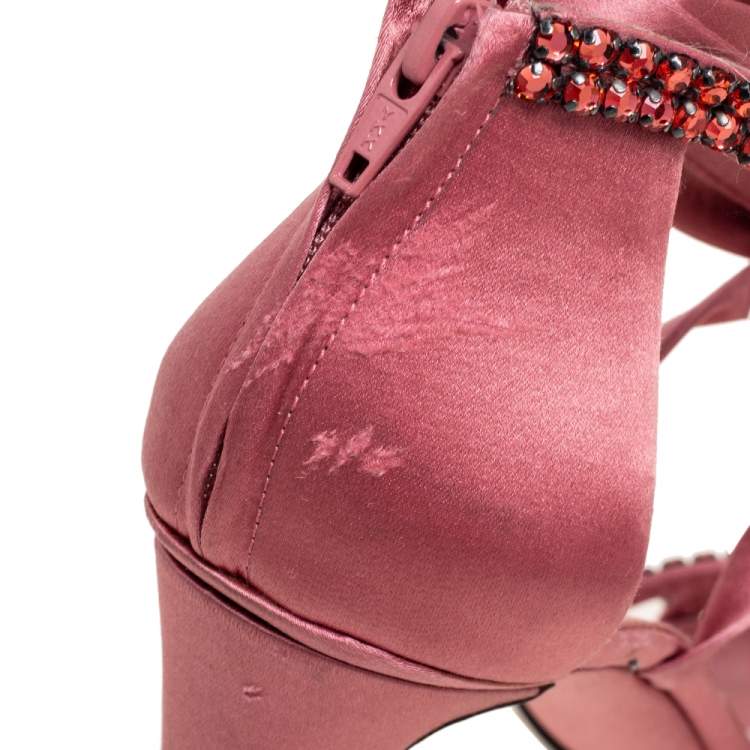 Pre Owned Gucci Pink Satin Crystal Embellished Ankle Wrap Sandals Size 38.5