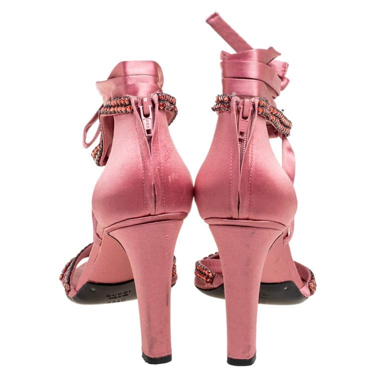 Pre Owned Gucci Pink Satin Crystal Embellished Ankle Wrap Sandals Size 38.5