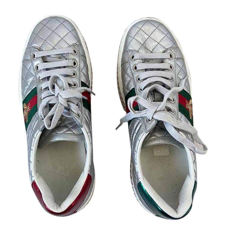 Pre Owned Gucci Silver Leather Bee Web  Ace Crystal Embellished Platform Sneakers EU 37