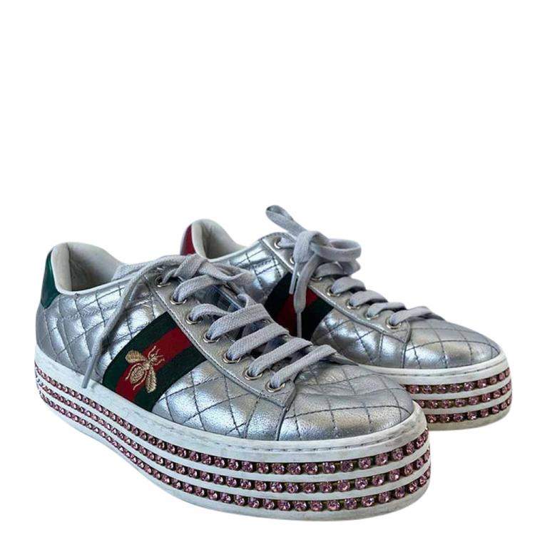 Pre Owned Gucci Silver Leather Bee Web  Ace Crystal Embellished Platform Sneakers EU 37