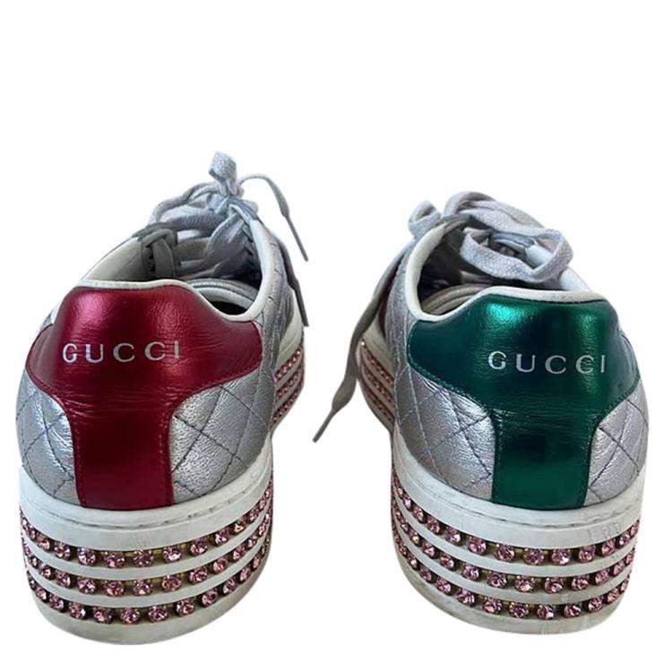 Pre Owned Gucci Silver Leather Bee Web  Ace Crystal Embellished Platform Sneakers EU 37
