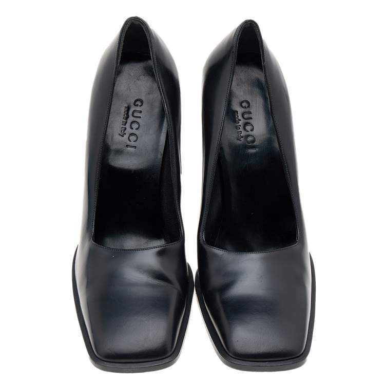 Pre Owned Gucci Black Leather Square Toe Pumps Size 38
