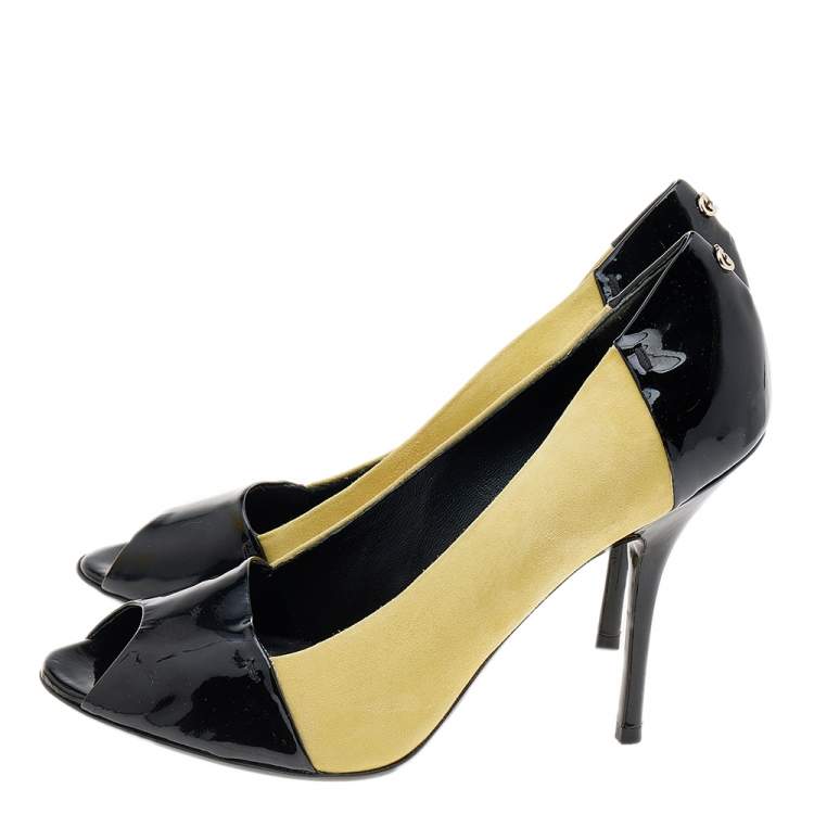 Pre Owned Gucci Black/Yellow Patent Leather And Suede Peep Toe Pumps Size 38.5