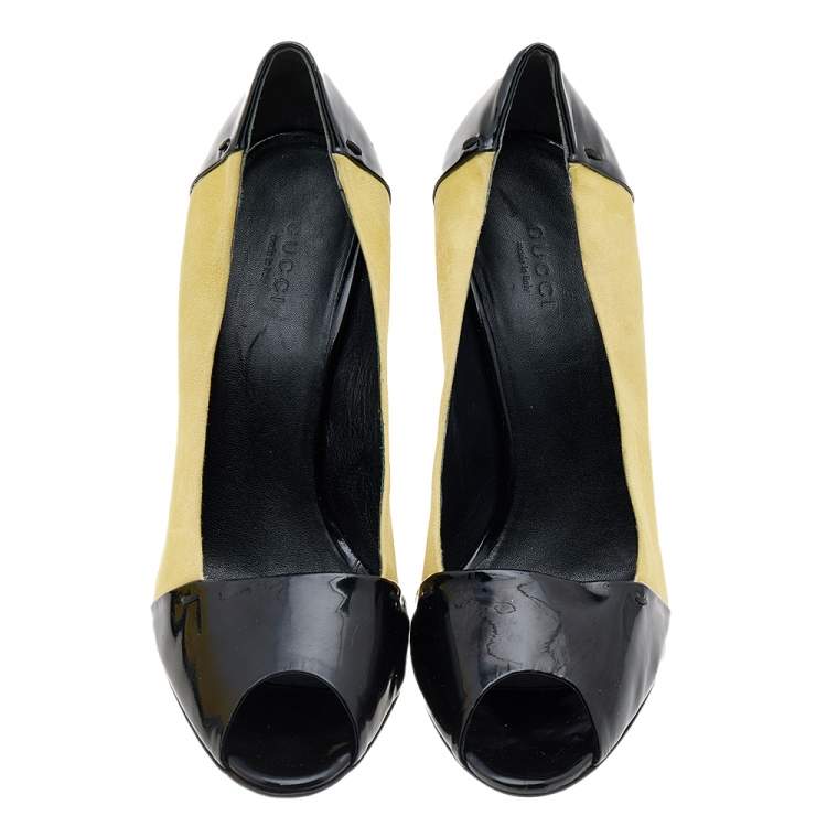 Pre Owned Gucci Black/Yellow Patent Leather And Suede Peep Toe Pumps Size 38.5
