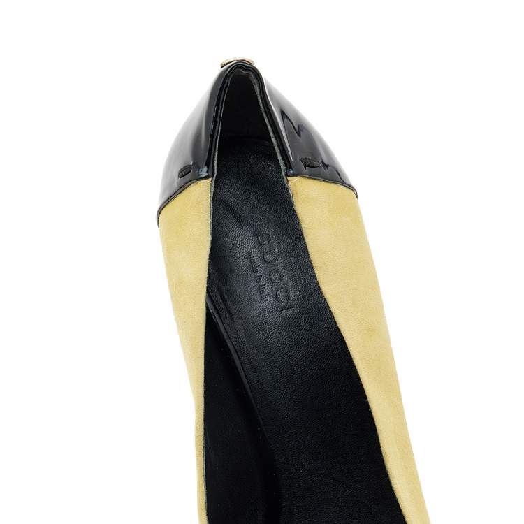 Pre Owned Gucci Black/Yellow Patent Leather And Suede Peep Toe Pumps Size 38.5