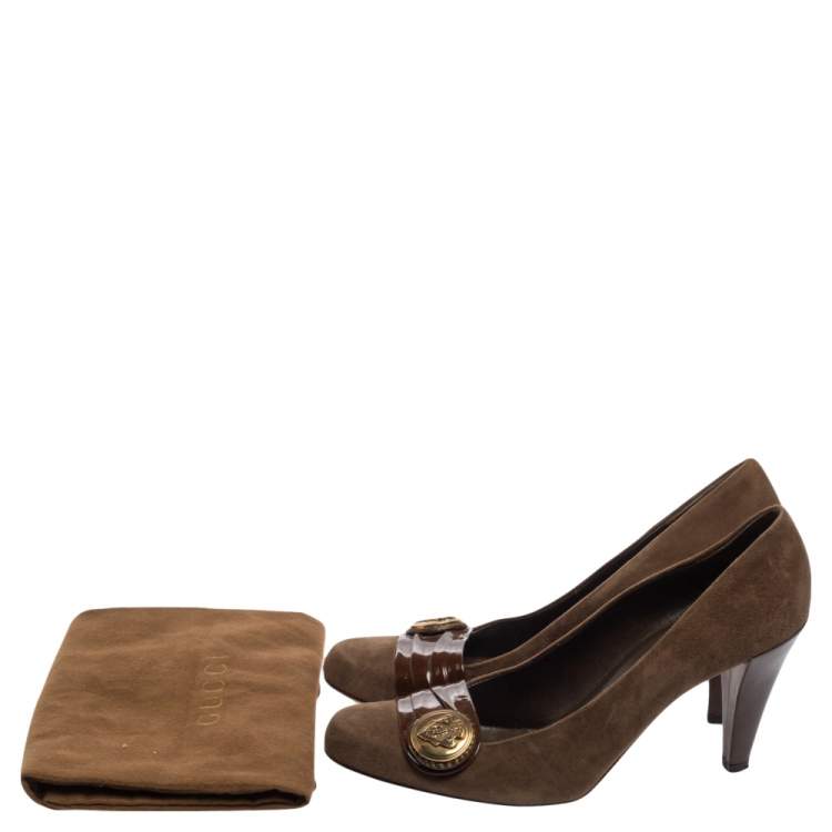 Pre Owned Gucci Brown Suede And Pleated Patent Leather Logo Buckle Pumps Size 38.5
