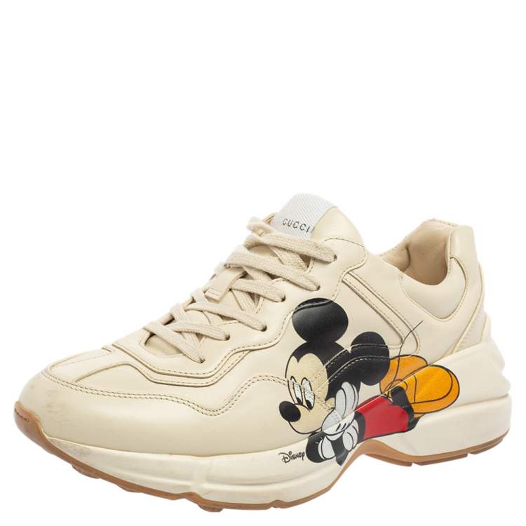 Gucci Beige Leather Disney Mickey Mouse Print Rhyton Sneakers Size 38 Gucci