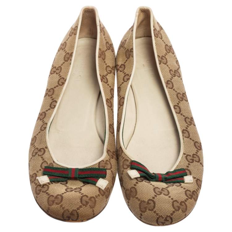 Pre Owned Gucci Beige/Brown GG Canvas Web Bow Ballet Flats Size 39