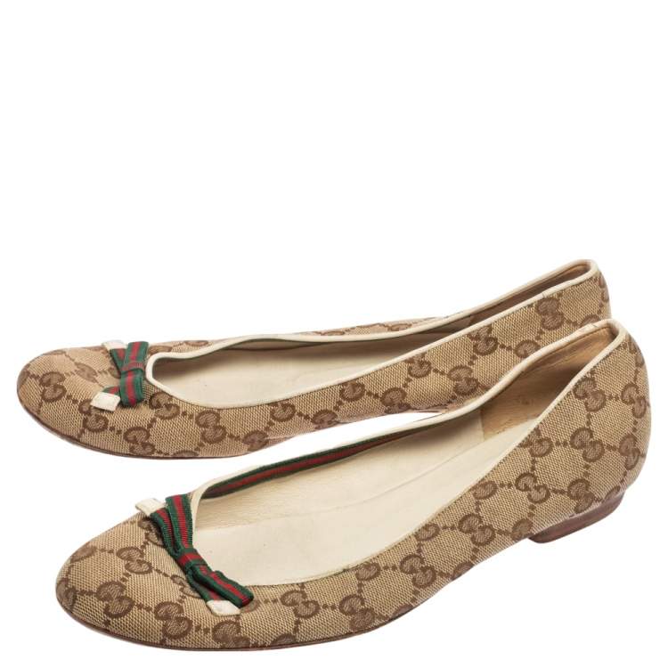 Pre Owned Gucci Beige/Brown GG Canvas Web Bow Ballet Flats Size 39