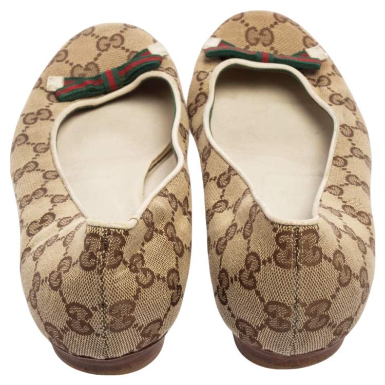 Pre Owned Gucci Beige/Brown GG Canvas Web Bow Ballet Flats Size 39