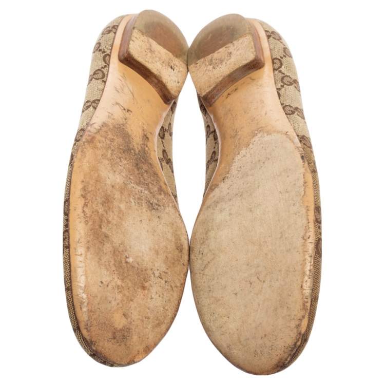 Pre Owned Gucci Beige/Brown GG Canvas Web Bow Ballet Flats Size 39