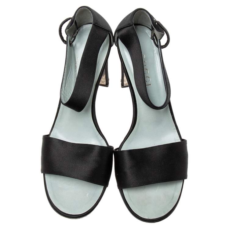 Pre Owned Gucci Black Satin Ankle Strap Sandals Size 37