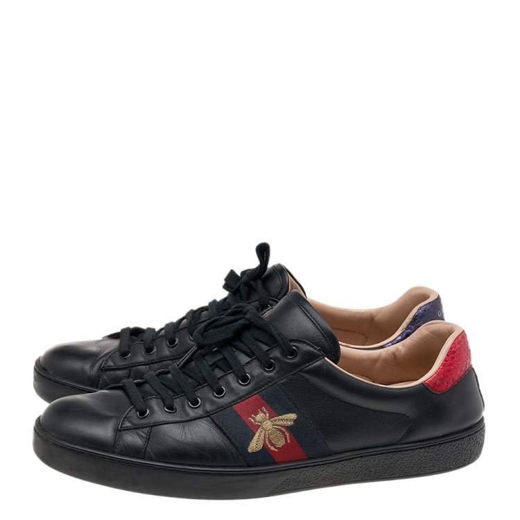 Pre Owned Gucci Black Leather Ace Web Low Top Sneakers Size 45.5