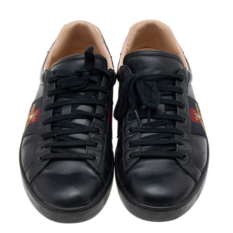 Pre Owned Gucci Black Leather Ace Web Low Top Sneakers Size 45.5