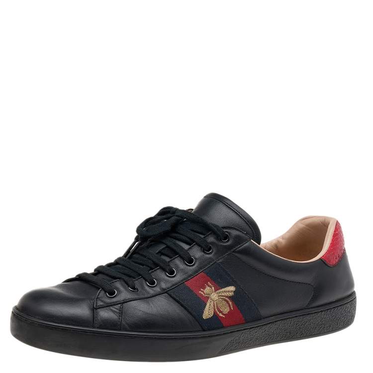 Pre Owned Gucci Black Leather Ace Web Low Top Sneakers Size 45.5