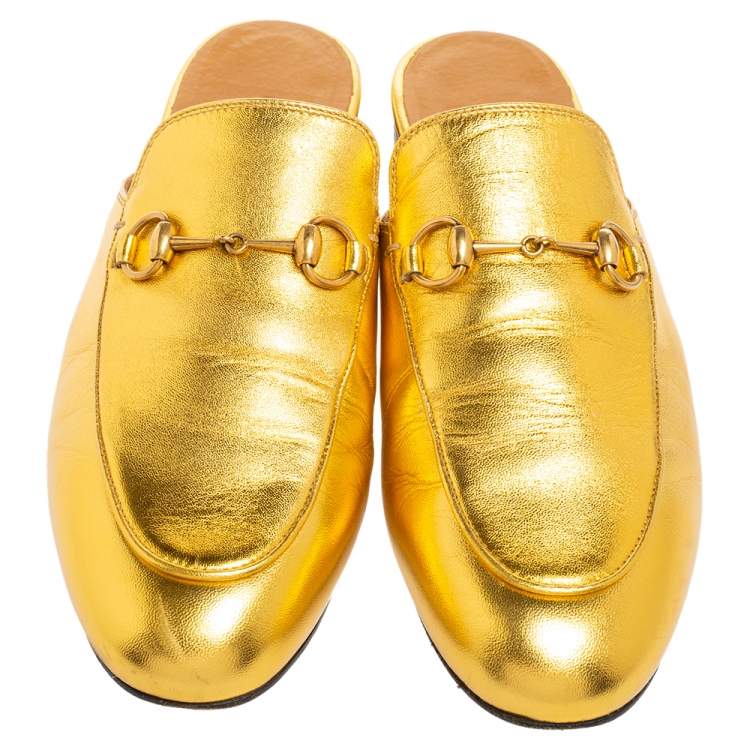 Pre Owned Gucci Gold Leather Princetown Horsebit Loafers Size 38