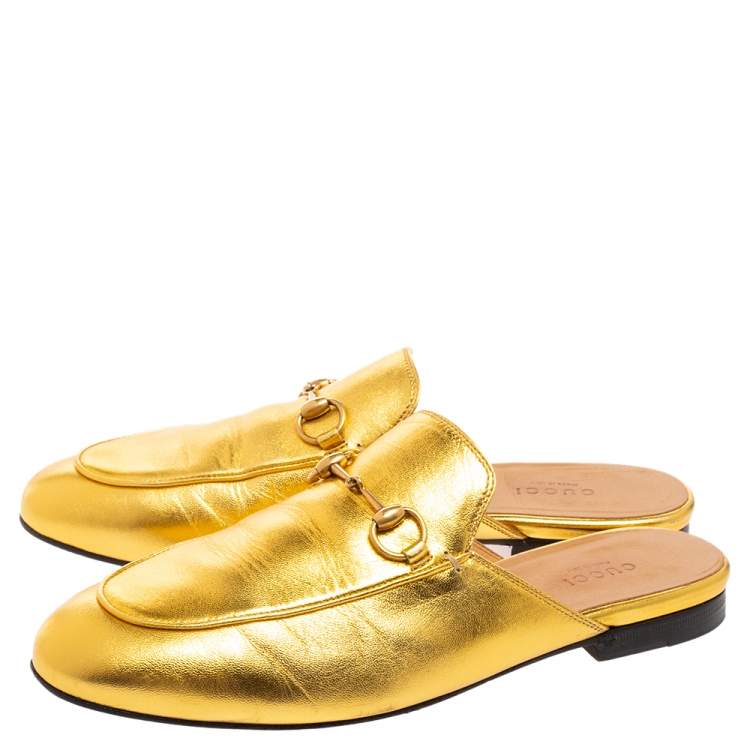 Pre Owned Gucci Gold Leather Princetown Horsebit Loafers Size 38