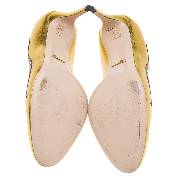 Pre Owned Gucci Gold Leather Yoko Snake High Heel Pumps Size 37.5