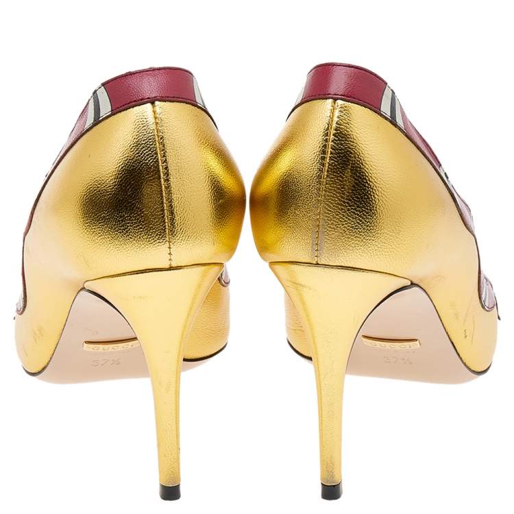 Pre Owned Gucci Gold Leather Yoko Snake High Heel Pumps Size 37.5