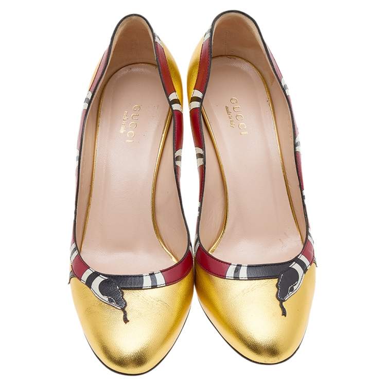 Pre Owned Gucci Gold Leather Yoko Snake High Heel Pumps Size 37.5
