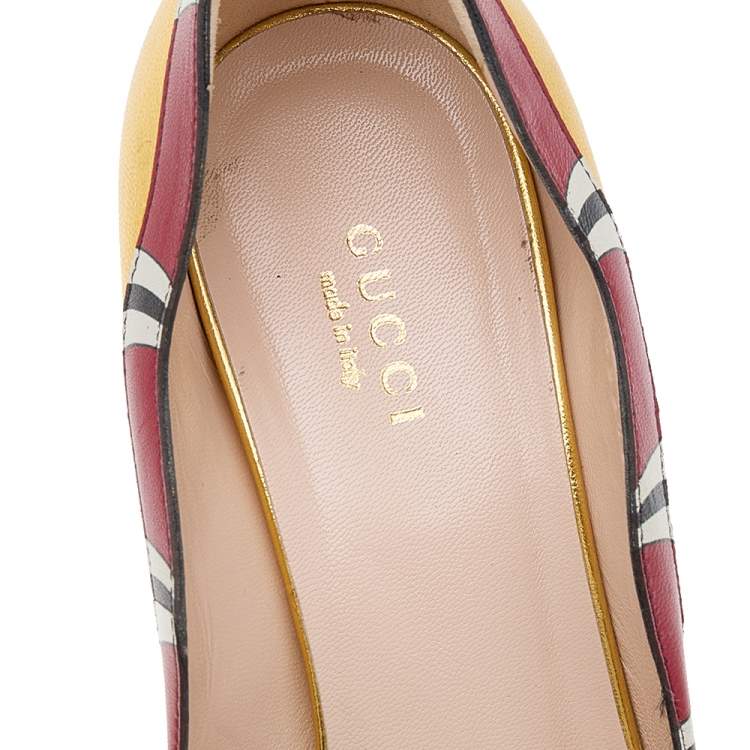 Pre Owned Gucci Gold Leather Yoko Snake High Heel Pumps Size 37.5