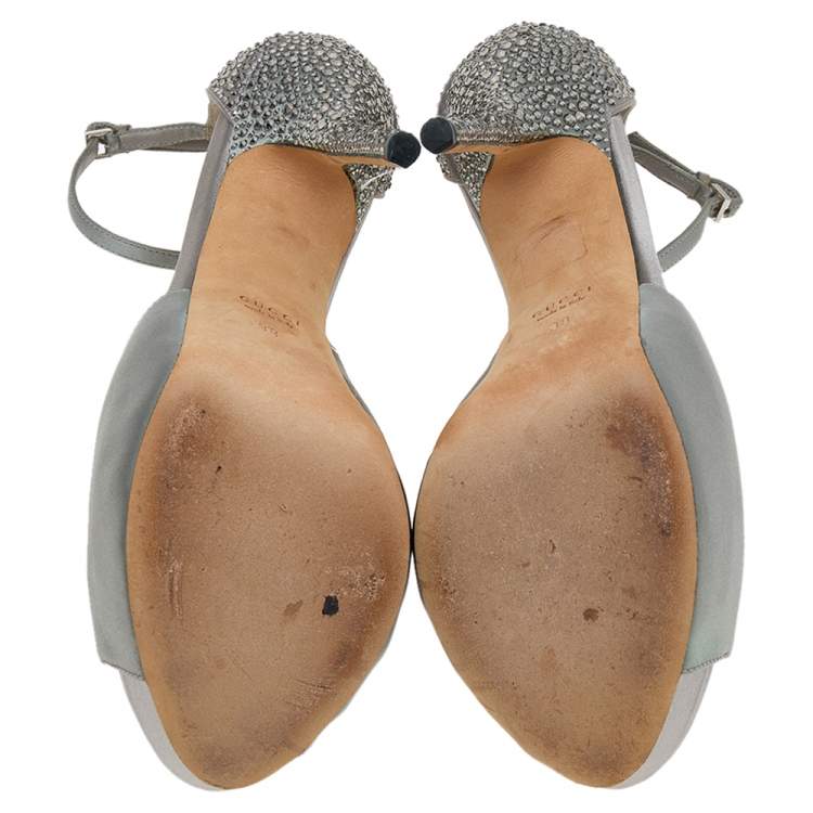 Pre Owned Gucci Grey Satin Ankle Strap Peep Toe Platform Sandals Size 38